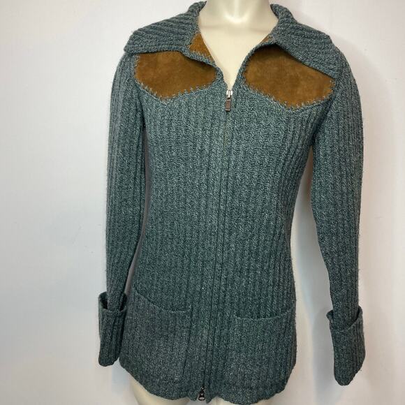Banana Republic 100% Wool Sweater Jacket XS Leather Panel Full Zip Cuffed Knit - Picture 1 of 8